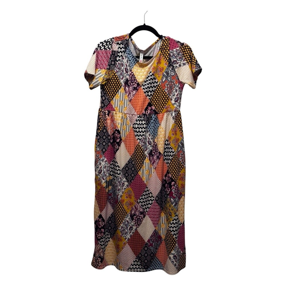 P & Rose Patchwork Print Midi Dress Women’s Small Boho Short Sleeve Pockets USA